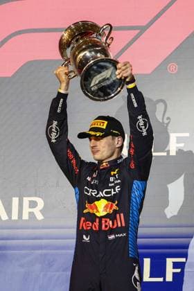 VERSTAPPEN Max (ned), Red Bull Racing RB20, portrait podium trophy during the Formula 1 Gulf Air Bahrain Grand Prix 2024, 1st round of the 2024 FIA Formula One World Championship, WM, Weltmeisterschaft from February 29 to March 2, 2024 on the Bahrain International Circuit, in Sakhir, Bahrain - F1 - BAHRAIN GRAND PRIX 2024 DPPI Panoramic  240302_R01_BAHRAIN__BR36428_1