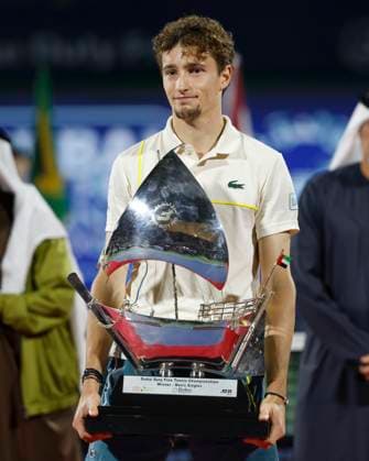 Winner Ugo Humbert with trophy, Award ceremony, Presentation, Dubai Duty Free Tennis Championships, Dubai, U A E Tennis Dubai Tennis Championships 2024 ATP Dubai Duty Free Tennis Stadium Dubai United Arab Emirates 2 March 2024 Copyright: xJuergenxHasenkopfx