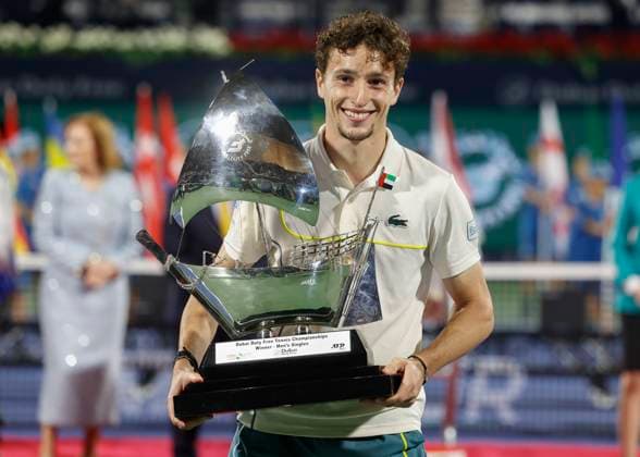 Winner Ugo Humbert with trophy, Award ceremony, Presentation, Dubai Duty Free Tennis Championships, Dubai, U A E Tennis Dubai Tennis Championships 2024 ATP Dubai Duty Free Tennis Stadium Dubai United Arab Emirates 2 March 2024 Copyright: xJuergenxHasenkopfx