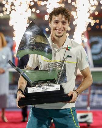 Winner Ugo Humbert with trophy, Award ceremony, Presentation, Dubai Duty Free Tennis Championships, Dubai, U A E Tennis Dubai Tennis Championships 2024 ATP Dubai Duty Free Tennis Stadium Dubai United Arab Emirates 2 March 2024 Copyright: xJuergenxHasenkopfx