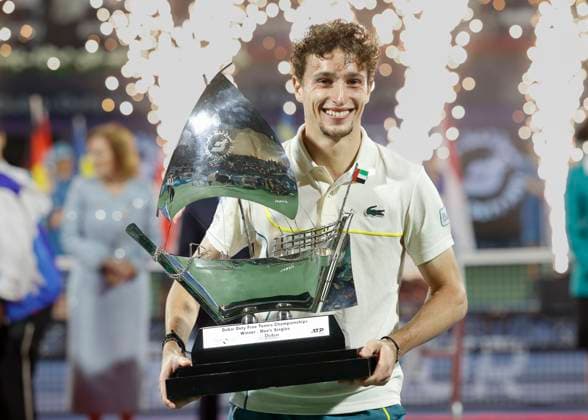 Winner Ugo Humbert with trophy, Award ceremony, Presentation, Dubai Duty Free Tennis Championships, Dubai, U A E Tennis Dubai Tennis Championships 2024 ATP Dubai Duty Free Tennis Stadium Dubai United Arab Emirates 2 March 2024 Copyright: xJuergenxHasenkopfx