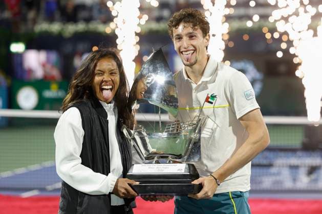 Winner Ugo Humbert with girlfriend Tessa and trophy, Award ceremony, Presentation, Dubai Duty Free Tennis Championships, Dubai, U A E Tennis Dubai Tennis Championships 2024 ATP Dubai Duty Free Tennis Stadium Dubai United Arab Emirates 2 March 2024 Copyright: xJuergenxHasenkopfx