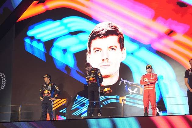 02 03 2024, Bahrain International Circuit, Sakhir, Formula 1 Gulf Air Bahrain Grand Prix 2024 ,in the picture podium winner Max Verstappen NLD , Oracle Red Bull Racing, 2nd place for Sergio Perez MEX , Oracle Red Bull Racing, 3rd place for Carlos Sainz Jr ESP , Scuderia Ferrari, Tom Hard, Oracle Red Bull Racing Sakhir Bahrain International Circuit Bahrain eu-images-506