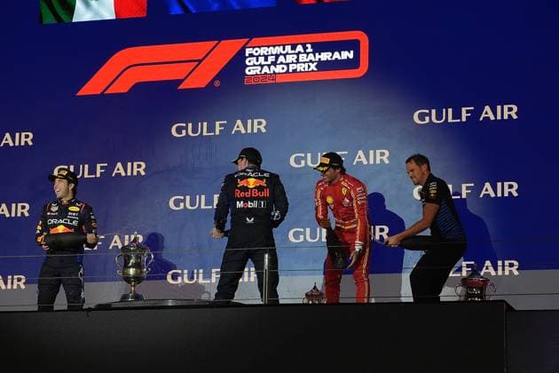 02 03 2024, Bahrain International Circuit, Sakhir, Formula 1 Gulf Air Bahrain Grand Prix 2024 ,in the picture podium winner Max Verstappen NLD , Oracle Red Bull Racing, 2nd place for Sergio Perez MEX , Oracle Red Bull Racing, 3rd place for Carlos Sainz Jr ESP , Scuderia Ferrari, Tom Hard, Oracle Red Bull Racing Sakhir Bahrain International Circuit Bahrain eu-images-506