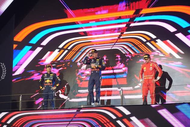 Formula 1 Gulf Air Bahrain Grand Prix 2024 02 03 2024, Bahrain International Circuit, Sakhir, Formula 1 Gulf Air Bahrain Grand Prix 2024 ,in the picture podium winner Max Verstappen NLD , Oracle Red Bull Racing, 2nd place for Sergio Perez MEX , Oracle Red Bull Racing, 3rd place for Carlos Sainz Jr ESP , Scuderia Ferrari, Tom Hard, Oracle Red Bull Racing nordphotoxGmbHx xBratic nph00250