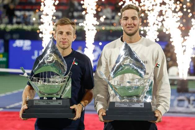 L R Tallon Griekspoor and Jan Lennard Struff with trophy, mens doubles trophy, award ceremony, presentation, Dubai Duty Free Tennis Championships, Dubai, U A E Tennis Dubai Tennis Championships 2024 ATP Dubai Duty Free Tennis Stadium Dubai United Arab Emirates 2 March 2024 Copyright: xJuergenxHasenkopfx