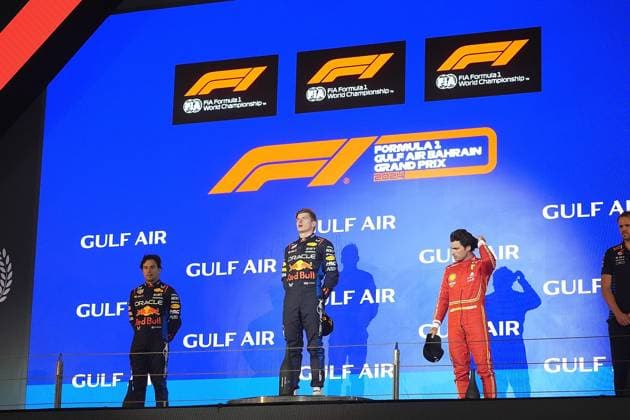 Formula 1 Gulf Air Bahrain Grand Prix 2024 02 03 2024, Bahrain International Circuit, Sakhir, Formula 1 Gulf Air Bahrain Grand Prix 2024 ,in the picture podium winner Max Verstappen NLD , Oracle Red Bull Racing, 2nd place for Sergio Perez MEX , Oracle Red Bull Racing, 3rd place for Carlos Sainz Jr ESP , Scuderia Ferrari, Tom Hard, Oracle Red Bull Racing nordphotoxGmbHx xBratic nph00250