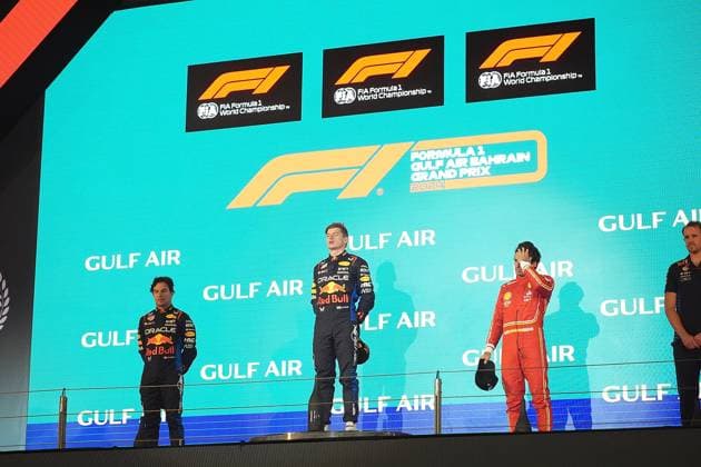 Formula 1 Gulf Air Bahrain Grand Prix 2024 02 03 2024, Bahrain International Circuit, Sakhir, Formula 1 Gulf Air Bahrain Grand Prix 2024 ,in the picture podium winner Max Verstappen NLD , Oracle Red Bull Racing, 2nd place for Sergio Perez MEX , Oracle Red Bull Racing, 3rd place for Carlos Sainz Jr ESP , Scuderia Ferrari, Tom Hard, Oracle Red Bull Racing nordphotoxGmbHx xBratic nph00250