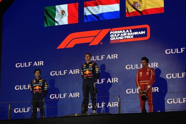 Formula 1 Gulf Air Bahrain Grand Prix 2024 02 03 2024, Bahrain International Circuit, Sakhir, Formula 1 Gulf Air Bahrain Grand Prix 2024 ,in the picture podium winner Max Verstappen NLD , Oracle Red Bull Racing, 2nd place for Sergio Perez MEX , Oracle Red Bull Racing, 3rd place for Carlos Sainz Jr ESP , Scuderia Ferrari, Tom Hard, Oracle Red Bull Racing nordphotoxGmbHx xBratic nph00250