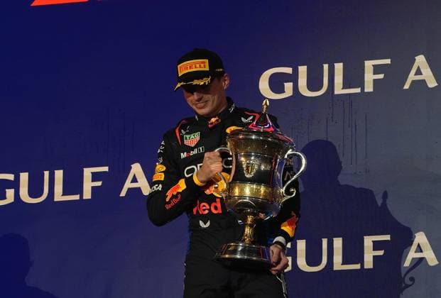 Formula 1 Gulf Air Bahrain Grand Prix 2024 02 03 2024, Bahrain International Circuit, Sakhir, Formula 1 Gulf Air Bahrain Grand Prix 2024 ,in the picture podium winner Max Verstappen NLD , Oracle Red Bull Racing, 2nd place for Sergio Perez MEX , Oracle Red Bull Racing, 3rd place for Carlos Sainz Jr ESP , Scuderia Ferrari, Tom Hard, Oracle Red Bull Racing nordphotoxGmbHx xBratic nph00250
