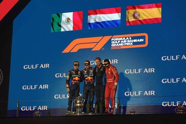 02 03 2024, Bahrain International Circuit, Sakhir, Formula 1 Gulf Air Bahrain Grand Prix 2024 ,in the picture podium winner Max Verstappen NLD , Oracle Red Bull Racing, 2nd place for Sergio Perez MEX , Oracle Red Bull Racing, 3rd place for Carlos Sainz Jr ESP , Scuderia Ferrari, Tom Hard, Oracle Red Bull Racing Sakhir Bahrain International Circuit Bahrain eu-images-506