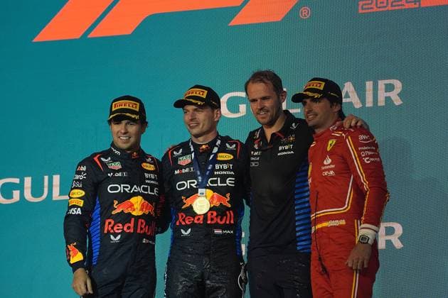 Formula 1 Gulf Air Bahrain Grand Prix 2024 02 03 2024, Bahrain International Circuit, Sakhir, Formula 1 Gulf Air Bahrain Grand Prix 2024 ,in the picture podium winner Max Verstappen NLD , Oracle Red Bull Racing, 2nd place for Sergio Perez MEX , Oracle Red Bull Racing, 3rd place for Carlos Sainz Jr ESP , Scuderia Ferrari, Tom Hard, Oracle Red Bull Racing nordphotoxGmbHx xBratic nph00250