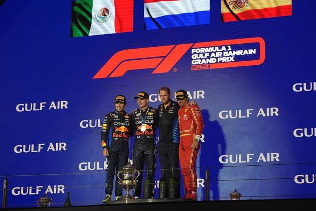 Formula 1 Gulf Air Bahrain Grand Prix 2024 02 03 2024, Bahrain International Circuit, Sakhir, Formula 1 Gulf Air Bahrain Grand Prix 2024 ,in the picture podium winner Max Verstappen NLD , Oracle Red Bull Racing, 2nd place for Sergio Perez MEX , Oracle Red Bull Racing, 3rd place for Carlos Sainz Jr ESP , Scuderia Ferrari, Tom Hard, Oracle Red Bull Racing nordphotoxGmbHx xBratic nph00250