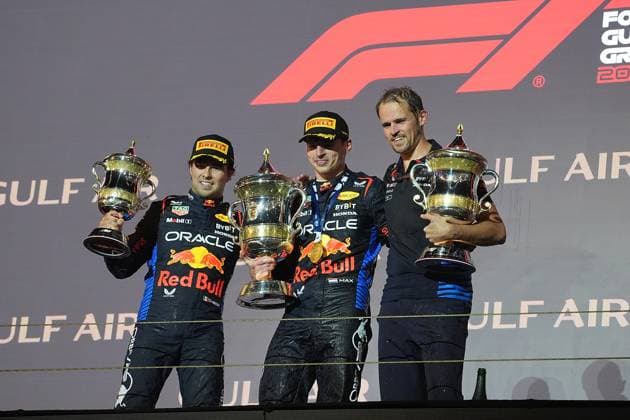 Formula 1 Gulf Air Bahrain Grand Prix 2024 02 03 2024, Bahrain International Circuit, Sakhir, Formula 1 Gulf Air Bahrain Grand Prix 2024 ,in the picture podium winner Max Verstappen NLD , Oracle Red Bull Racing, 2nd place for Sergio Perez MEX , Oracle Red Bull Racing, 3rd place for Carlos Sainz Jr ESP , Scuderia Ferrari, Tom Hard, Oracle Red Bull Racing nordphotoxGmbHx xBratic nph00250