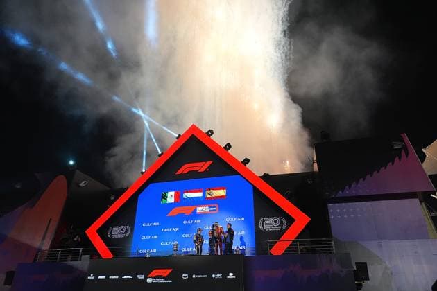 Formula 1 Gulf Air Bahrain Grand Prix 2024 02 03 2024, Bahrain International Circuit, Sakhir, Formula 1 Gulf Air Bahrain Grand Prix 2024 ,in the picture podium winner Max Verstappen NLD , Oracle Red Bull Racing, 2nd place for Sergio Perez MEX , Oracle Red Bull Racing, 3rd place for Carlos Sainz Jr ESP , Scuderia Ferrari, Tom Hard, Oracle Red Bull Racing nordphotoxGmbHx xBratic nph00250