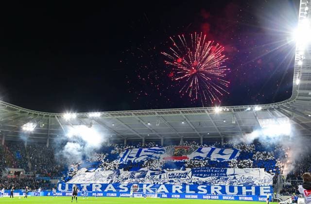 Germany, Karlsruhe, 02 03 2024, BBBank Wildpark, Karlsruher SC vs SpVgg Greuther Fuerth 2 Bundesliga, firework over the stadium before the match Karlsruhe BBBank Wildpark Baden Wuerttemberg Germany eu-images-738