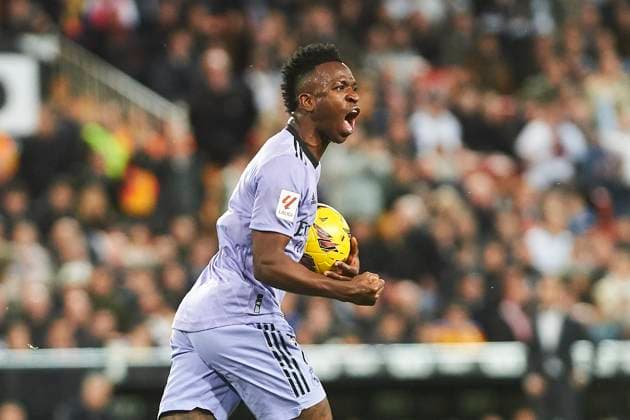 Spain, Valencia, 02.03.2024, Estadio de Mestalla, FC Valencia v FC Real Madrid - La Liga EA Sports - Matchday 27, Vinicius Jr (Real Madrid) celebrates after scoring his team˜s first goal Valencia Estadio de Mestalla Spain *** Spain, Valencia, 02 03 2024, Estadio de Mestalla, FC Valencia v FC Real Madrid La Liga EA Sports Matchday 27, Vinicius Jr Real Madrid celebrates after scoring his team˜s first goal Valencia Estadio de Mestalla Spain eu-images-584