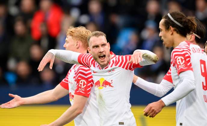 Jubel L, David RAUM L Gestik, Geste, r Yussuf POULSEN L Fussball 1 Bundesliga, 24 Spieltag, VfL Bochum BO RB Leipzig L 1 4, am 02 03 2024 in Bochum Germany DFL regulations prohibit any use of photographs as image sequences and or quasi video Â