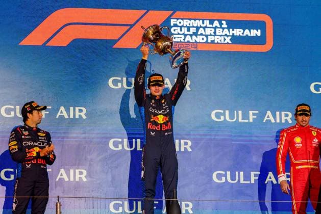 Formula 1 GP Bahrain Saturday 02 03 2024 Podium in Bahrian with Sergio Perez 11, Oracle Red Bull Racing, Max Verstappen 1, Oracle Red Bull Racing, Carlos Sainz 55, Scuderia Ferrari Formula 1 GP Bahrain Saturday 02 03 2024 Copyright: xBEAUTIFULxSPORTS Erlhofx