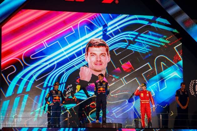 Formula 1 GP Bahrain Saturday 02 03 2024 Podium, Max Verstappen 1, Oracle Red Bull RacingSergio Perez 11, Oracle Red Bull RacingCarlos Sainz 55, Scuderia Ferrari Formula 1 GP Bahrain Saturday 02 03 2024 Copyright: xBEAUTIFULxSPORTS Erlhofx