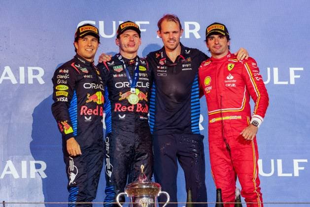 Formula 1 GP Bahrain Saturday 02 03 2024 Podium in Bahrian with Sergio Perez 11, Oracle Red Bull Racing, Max Verstappen 1, Oracle Red Bull Racing, Carlos Sainz 55, Scuderia Ferrari Formula 1 GP Bahrain Saturday 02 03 2024 Copyright: xBEAUTIFULxSPORTS Erlhofx