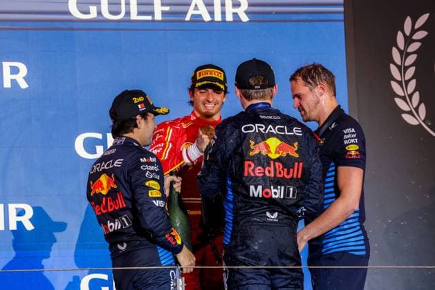 Formula 1 GP Bahrain Saturday 02 03 2024 Podium in Bahrian with Sergio Perez 11, Oracle Red Bull Racing, Max Verstappen 1, Oracle Red Bull Racing, Carlos Sainz 55, Scuderia Ferrari Formula 1 GP Bahrain Saturday 02 03 2024 Copyright: xBEAUTIFULxSPORTS Erlhofx