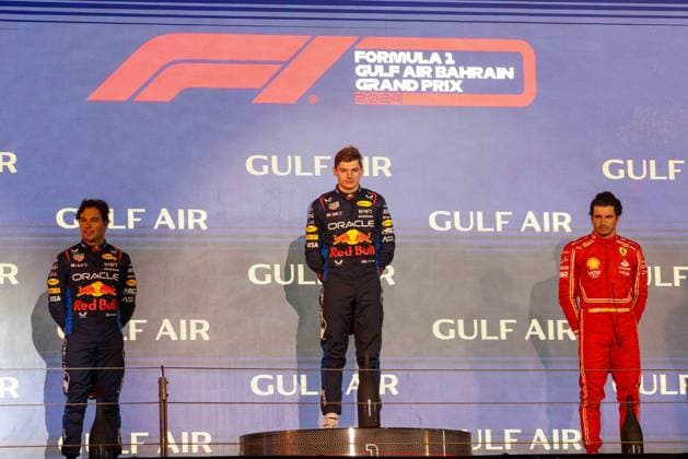 Formula 1 GP Bahrain Saturday 02 03 2024 Podium in Bahrian with Sergio Perez 11, Oracle Red Bull Racing, Max Verstappen 1, Oracle Red Bull Racing, Carlos Sainz 55, Scuderia Ferrari Formula 1 GP Bahrain Saturday 02 03 2024 Copyright: xBEAUTIFULxSPORTS Erlhofx