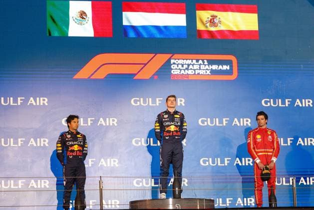 Formula 1 GP Bahrain Saturday 02 03 2024 Podium in Bahrian with Sergio Perez 11, Oracle Red Bull Racing, Max Verstappen 1, Oracle Red Bull Racing, Carlos Sainz 55, Scuderia Ferrari Formula 1 GP Bahrain Saturday 02 03 2024 Copyright: xBEAUTIFULxSPORTS Erlhofx