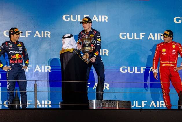 Formula 1 GP Bahrain Saturday 02 03 2024 Podium in Bahrian with Sergio Perez 11, Oracle Red Bull Racing, Max Verstappen 1, Oracle Red Bull Racing, Carlos Sainz 55, Scuderia Ferrari Formula 1 GP Bahrain Saturday 02 03 2024 Copyright: xBEAUTIFULxSPORTS Erlhofx