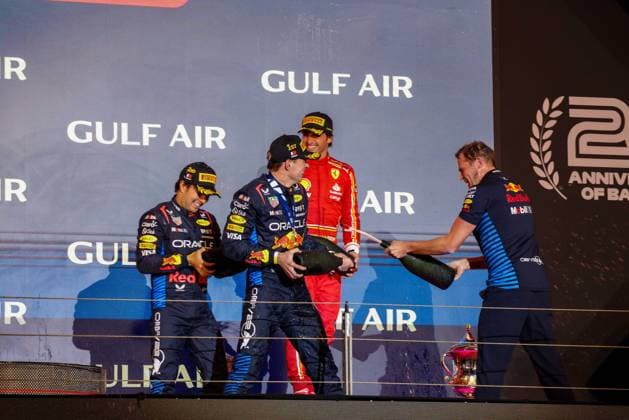 Formula 1 GP Bahrain Saturday 02 03 2024 Podium in Bahrian with Sergio Perez 11, Oracle Red Bull Racing, Max Verstappen 1, Oracle Red Bull Racing, Carlos Sainz 55, Scuderia Ferrari Formula 1 GP Bahrain Saturday 02 03 2024 Copyright: xBEAUTIFULxSPORTS Erlhofx
