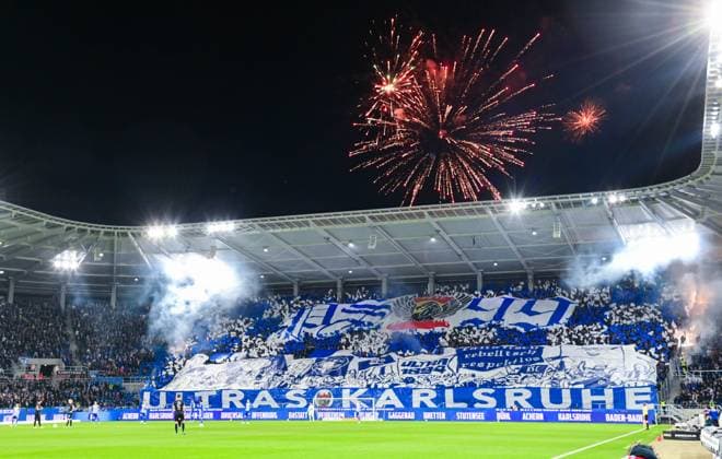 Germany, Karlsruhe, 02 03 2024, BBBank Wildpark, Karlsruher SC vs SpVgg Greuther Fuerth 2 Bundesliga, choreography and firework of the Karlsruher SC fans before the match Karlsruhe BBBank Wildpark Baden Wuerttemberg Germany eu-images-738