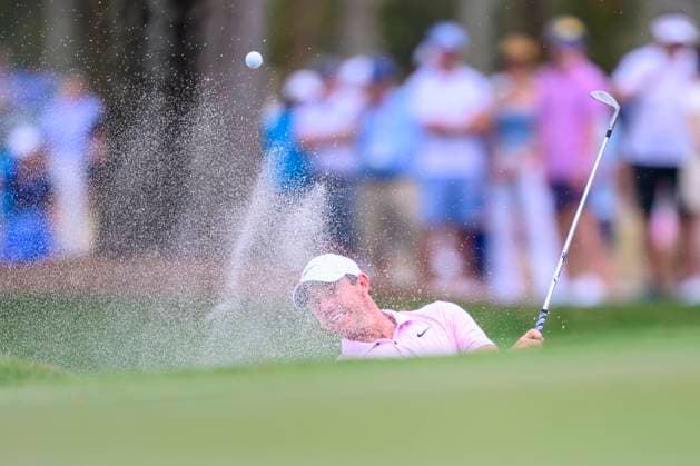 PALM BEACH GARDENS, FL - MARCH 02: Rory McIlroy of Northern Ireland hits the ball out of a bunker at the tenth hole during the third round of Cognizant Classic in The Palm Beaches at PGA, Golf Herren National Resort the Champion Course on March 2, 2024 in Palm Beach Gardens, Florida.(Photo by Doug Murray Icon Sportswire) GOLF: MAR 02 PGA Cognizant Classic in The Palm Beaches EDITORIAL USE ONLY Icon79620240302009
