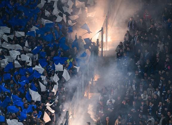 Germany, Karlsruhe, 02 03 2024, BBBank Wildpark, Karlsruher SC vs SpVgg Greuther Fuerth 2 Bundesliga, pyrotechnique in the stands of Karlsruhe Karlsruhe BBBank Wildpark Baden Wuerttemberg Germany eu-images-738