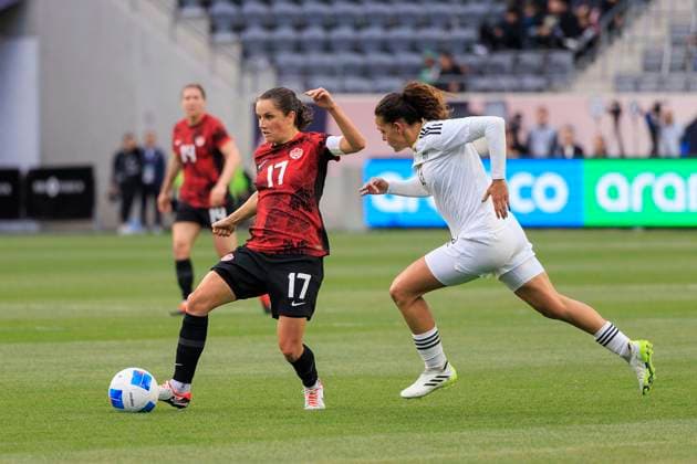 March 2, 2024, Carson, California, USA: Jessie Fleming 17 of Canada is defended by Emilie Valenciano 13 of Costa Rica during the 2024 Concacaf W Gold Cup Quarterfinal match on Saturday March 2, 2024 at BMO Stadium, in Los Angeles California. JAVIER ROJAS PI Carson U.S - ZUMAp124 20240302_zaa_p124_001 Copyright: xJavierxRojasx