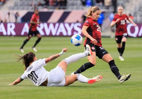 March 2, 2024, Carson, California, USA: Cloe Lacasse 20 of Canada is blocked by Fabiola Villalobos 20 of Costa Rica during the 2024 Concacaf W Gold Cup Quarterfinal match on Saturday March 2, 2024 at BMO Stadium, in Los Angeles California. JAVIER ROJAS PI Carson U.S - ZUMAp124 20240302_zaa_p124_010 Copyright: xJavierxRojasx