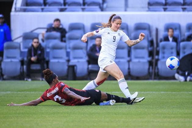 March 2, 2024, Los Angeles, California, USA: Kadeisha Buchanan 3 of Canada slide tackles Maria Paula Salas 9 of Costa Rica during the 2024 Concacaf W Gold Cup Quarterfinal match on Saturday March 2, 2024 at BMO Stadium in Los Angeles, California. ARIANA RUIZ PI Los Angeles U.S - ZUMAp124 20240302_zaa_p124_016 Copyright: xArianaxRuizx