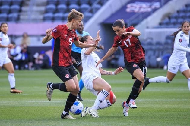 March 2, 2024, Los Angeles, California, USA: Quinn 5 and Jessie Fleming 17 of Canada trip over Maria Paula Salas 9 of Costa Rica during the 2024 Concacaf W Gold Cup Quarterfinal match on Saturday March 2, 2024 at BMO Stadium in Los Angeles, California. ARIANA RUIZ PI Los Angeles U.S - ZUMAp124 20240302_zaa_p124_018 Copyright: xArianaxRuizx
