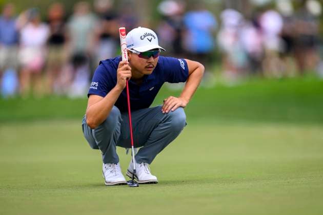 PALM BEACH GARDENS, FL - MARCH 02: Min Woo Lee of Australia lines up his putt at the tenth hole during the third round of Cognizant Classic in The Palm Beaches at PGA, Golf Herren National Resort the Champion Course on March 2, 2024 in Palm Beach Gardens, Florida.(Photo by Doug Murray Icon Sportswire) GOLF: MAR 02 PGA Cognizant Classic in The Palm Beaches EDITORIAL USE ONLY Icon79620240302032
