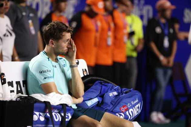 (240303) -- ACAPULCO, March 3, 2024 -- Norway s Casper Ruud reacts after losing the men s singles final against Australia s Alex De Minaur at the 2024 ATP, Tennis Herren Mexican Open tennis tournament in Acapulco, Mexico, March 2, 2024. ) (SP)MEXICO-ACAPULCO-TENNIS-ATP-MEXICAN OPEN-FINAL LixMengxin 