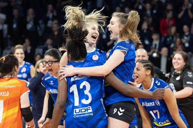 SC Potsdam Allianz MTV Stuttgart, DVV Womens Cup Final 2024 Monique Strubbe Allianz MTV Stuttgart Women, 8 , Krystal Rivers Allianz MTV Stuttgart Women, 13 and Eline Timmerman Allianz MTV Stuttgart Women, 9 are happy after winning the last point DVV Womens Cup Final 2024 between SC Potsdam and Allianz MTV Stuttgart on March 3, 2024 at the SAP Arena in Mannheim , Mannheim Hessen Germany SAP Arena