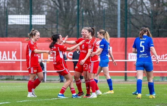 Soccer, Women, Season 2023 2024, BFV Pokal Polytan Pokal Quarterfinal , 1 FC Union Berlin Hertha BSC, f l Lisa Heiseler 1 Women 1 FC Union , Athanasia Moraitou 1 Women 1 FC Union , Dina Orschmann 1 Women 1 FC Union , Celine Frank 1 Women 1 FC Union , Nora Giannori Hertha BSC , Cheering after goal to 1 0, 03 03 2024, Copyright: xMatthiasxKochx