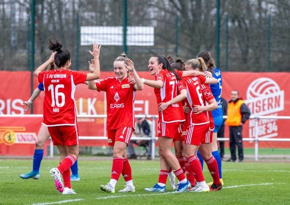 Soccer, Women, Season 2023 2024, BFV Pokal Polytan Pokal Quarterfinals , 1 FC Union Berlin Hertha BSC, f l Sarah Abu Sabbah 1 Women 1 FC Union , Lisa Heiseler 1 Women 1 FC Union , Athanasia Moraitou 1 Women 1 FC Union , Celine Frank 1 Women 1 FC Union , Cheering after goal to 1 0, 03 03 2024, Copyright: xMatthiasxKochx