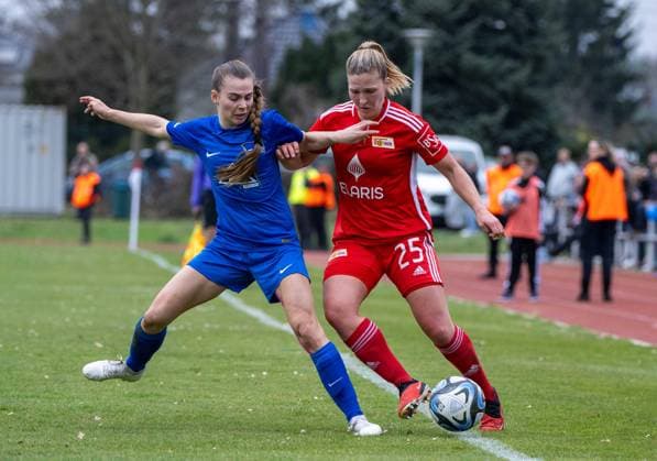 Soccer, Women, Season 2023 2024, BFV Pokal Polytan Pokal Quarterfinals , 1 FC Union Berlin Hertha BSC, v l Marleen Rohde Hertha BSC , Dina Orschmann 1 Women 1 FC Union , 03 03 2024, Copyright: xMatthiasxKochx