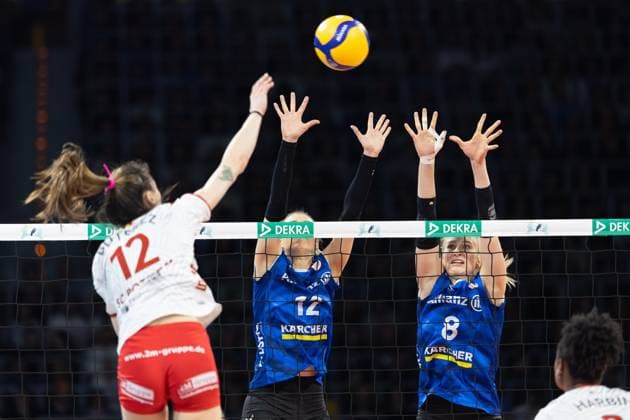 SC Potsdam Allianz MTV Stuttgart, DVV Womens Cup Final 2024 Rodica Buterez SC Potsdam, 12 hits over the block of Britt Bongaerts Allianz MTV Stuttgart Women, 12 and Monique Strubbe Allianz MTV Stuttgart Women, 8 DVV Womens Cup Final 2024 between SC Potsdam and Allianz MTV Stuttgart on March 3, 2024 at the SAP Arena in Mannheim , Mannheim Hessen Germany SAP Arena