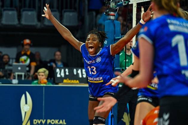 DVV Pokal 03 03 2024 DVV, Volleyball, Cup final, Allianz MTV Stuttgart in blue , against SC Potsdam in white , Krystal Rivers 13 Copyright: xBEAUTIFULxSPORTS TomxBlochx