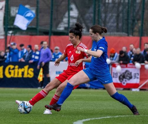 Soccer, Women, Season 2023 2024, BFV Pokal Polytan Pokal Quarterfinals , 1 FC Union Berlin Hertha BSC, v l Sarah Abu Sabbah 1 Women 1 FC Union , Clara Dreher Hertha BSC , 03 03 2024, Copyright: xMatthiasxKochx