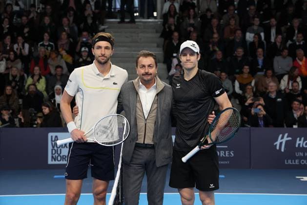 Arthur RINDERKNECH, Joris DE LOORE (Belgique) et Henri LECONTE lors de la finale du Play In Challenger Lille 2024 ATP, Tennis Herren Challenger Tour, le 3 mars 2024 TENNIS : PLAY IN CHALLENGER LILLE FINALE 03 03 2024 LaurentSanson Panoramic 