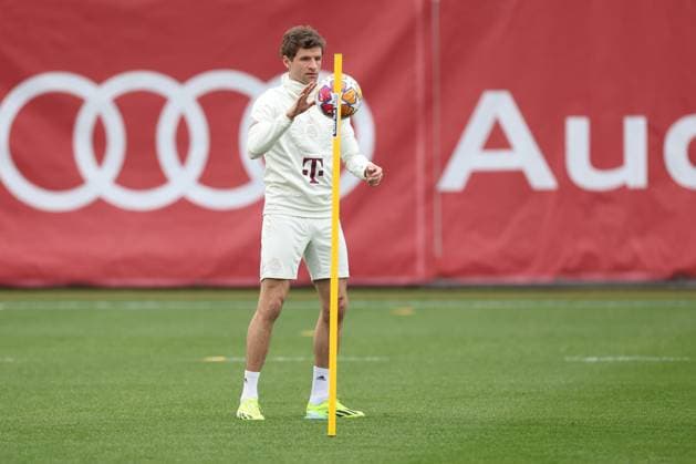 Thomas Mueller 25 FC Bayern Muenchen at final training, final training, FC Bayern Muenchen, Champions League, football, round of 16, second leg, 04 03 2024 Muenchen Bayern Germany Copyright: xkolbert-press ChristianxKolbertx