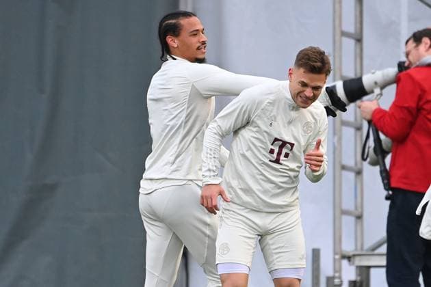from left Leroy SANE Bayern Muenchen , Joshua KIMMICH Bayern Muenchen Football Champions League FINAL TRAINING before round of 16 return match FC Bayern Muenchen Lazio Rome on 04 03 2024