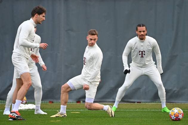 from right Leroy SANE Bayern Muenchen , Joshua KIMMICH Bayern Muenchen , Leon GORETZKA Bayern Muenchen Action Soccer Champions League FINAL TRAINING before round of 16 return match FC Bayern Muenchen Lazio Rome on 04 03 2024
